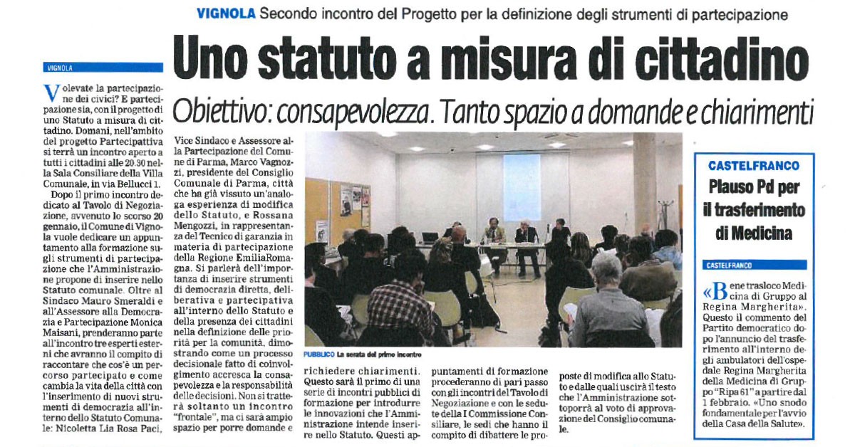 Rassegna stampa prima pagina dell'incontro "Uno statuto a misura di cittadino" pel progetto Partecipattiva promosso dal Comune di Vignola