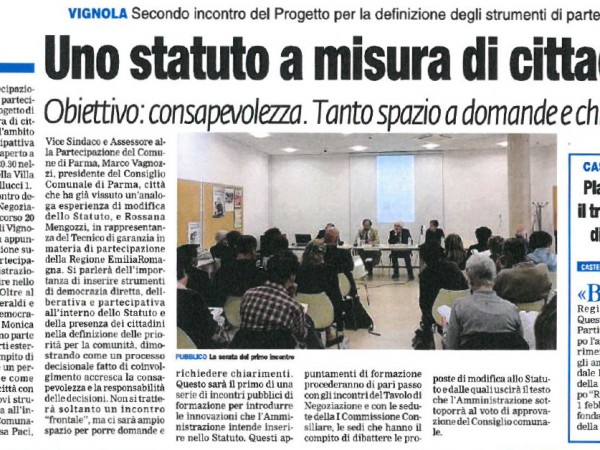 Rassegna stampa prima pagina dell'incontro "Uno statuto a misura di cittadino" pel progetto Partecipattiva promosso dal Comune di Vignola