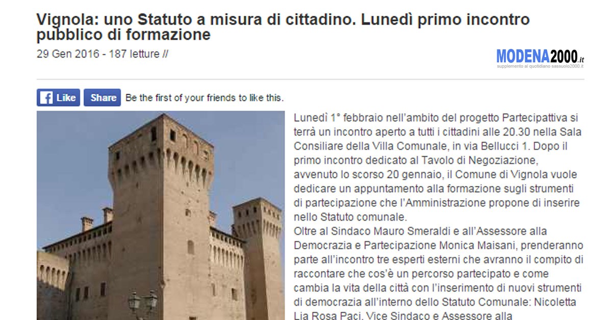 Rassegna stampa di modena2000 per incontro "Uno statuto a misura di cittadino" di Partecipattiva progetto promosso dal Comune di Vignola