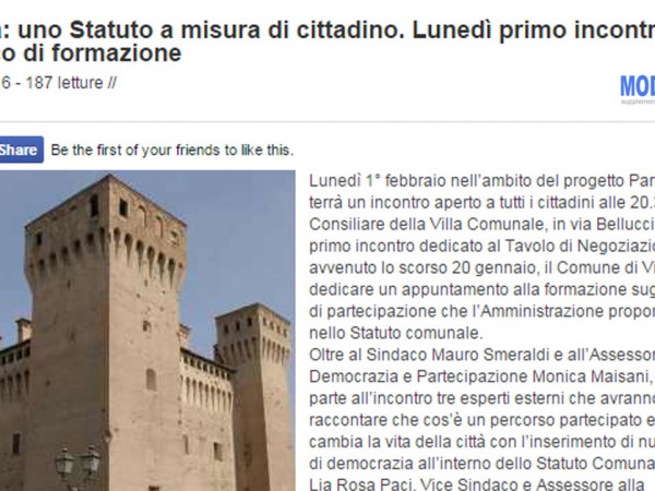 Rassegna stampa di modena2000 per incontro "Uno statuto a misura di cittadino" di Partecipattiva progetto promosso dal Comune di Vignola